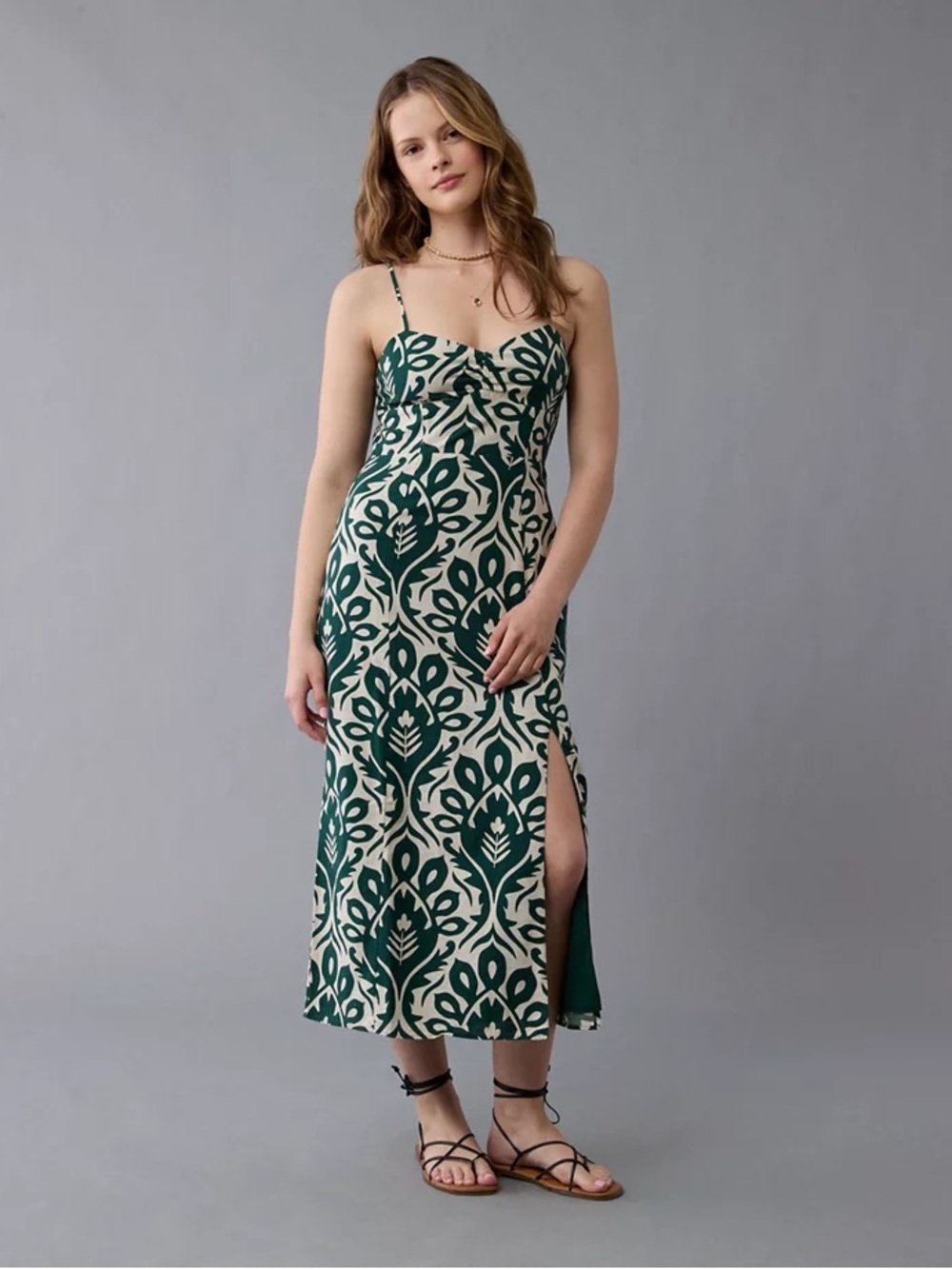 AE Catie Corset Printed Column Midi Dress Green XXS